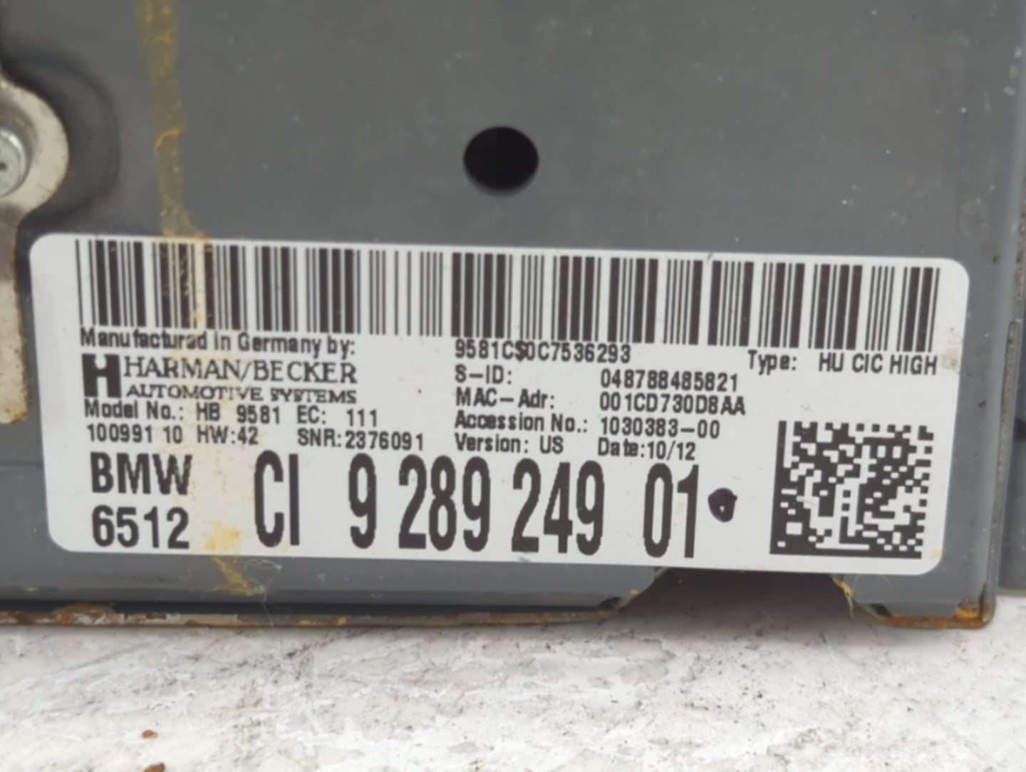 2012 Bmw 650 Radio AM FM Cd Player Receiver Replacement P/N:9289249 HB9581, 7534/1983490 Fits Fits 2010 2011 OEM Used Auto P
