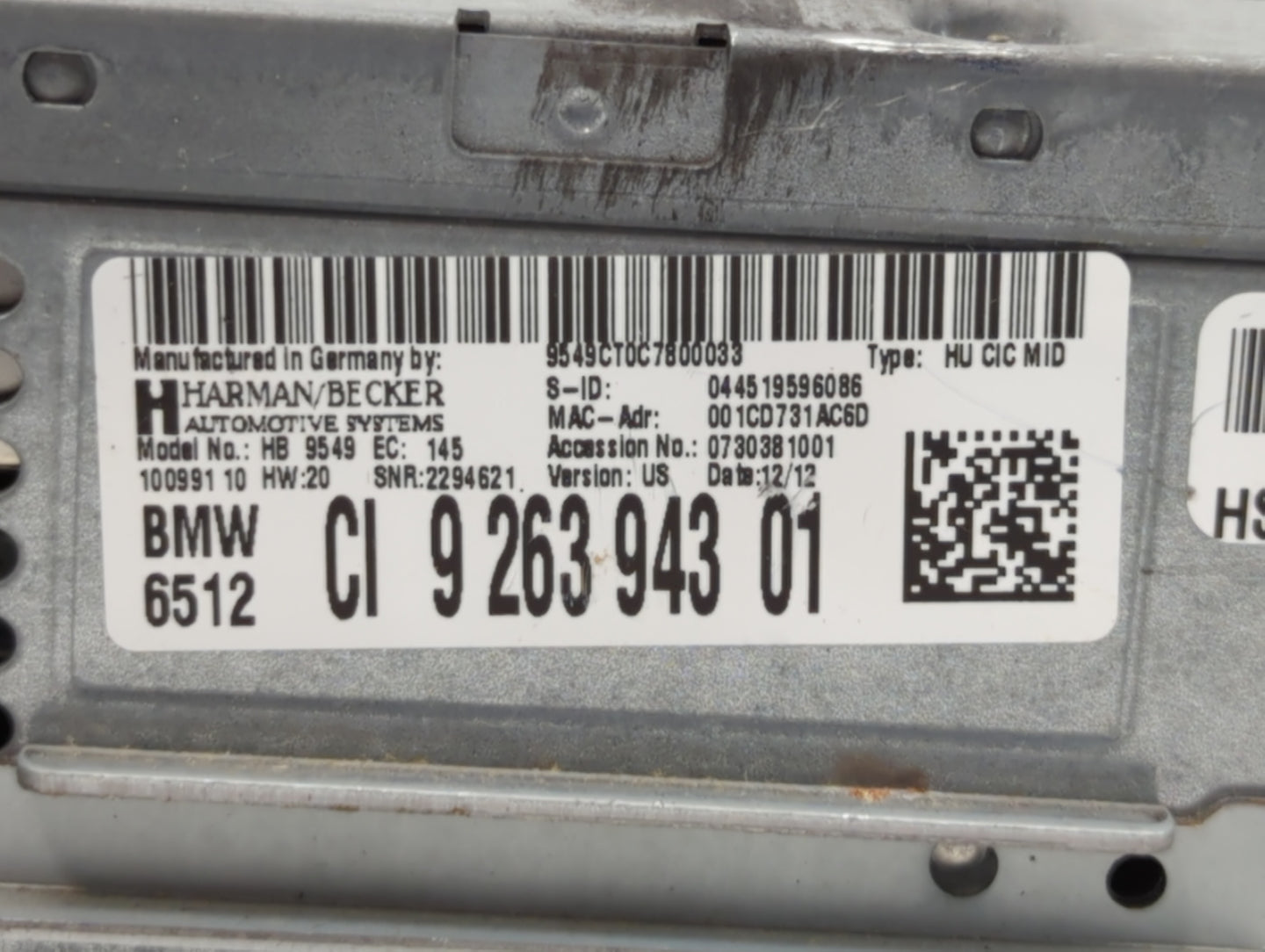 2012 Bmw X5 Radio AM FM Cd Player Receiver Replacement P/N:9 263 943 01 Fits OEM Used Auto Parts - Oemusedautoparts1.com
