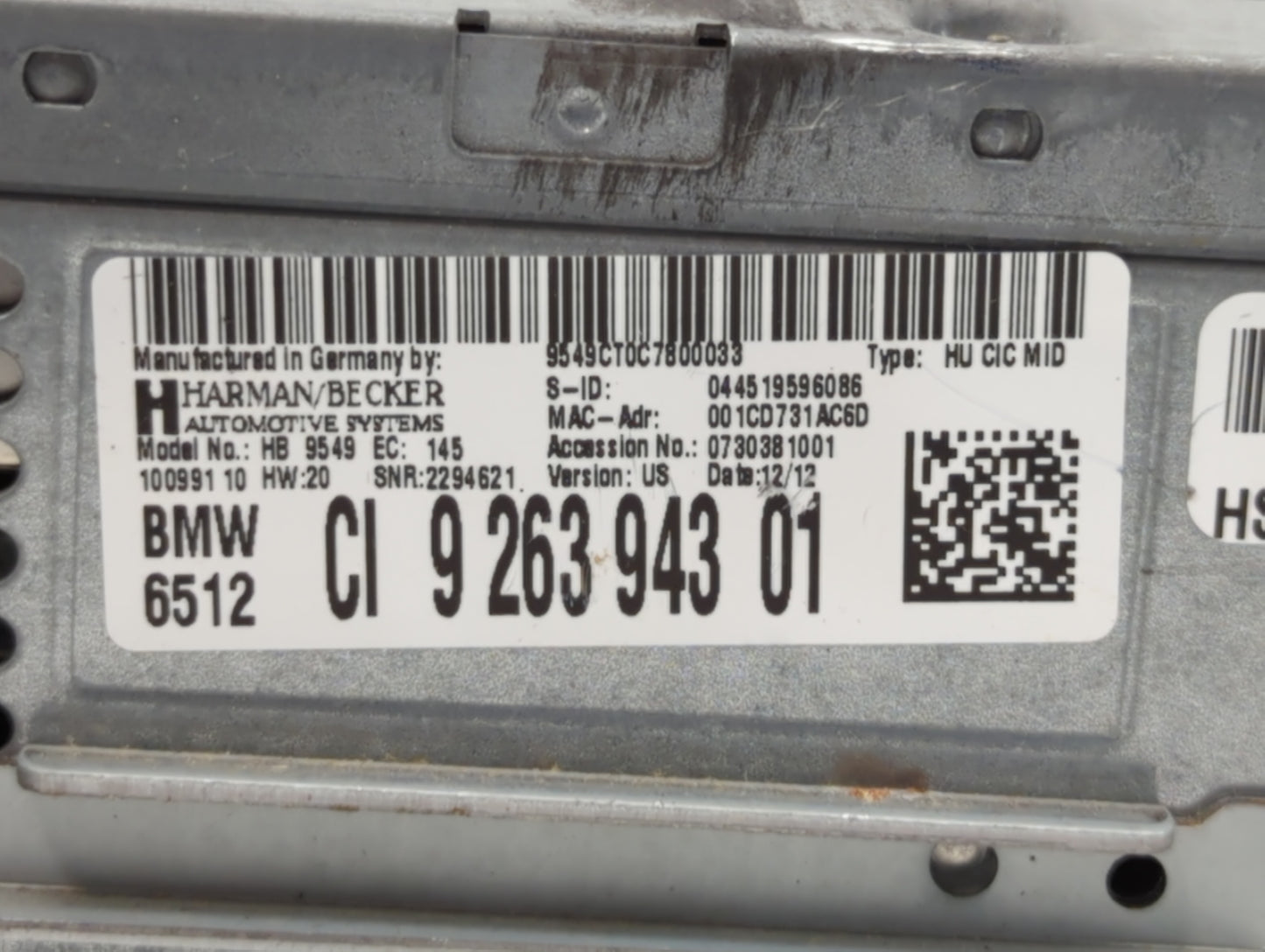 2012 Bmw X5 Radio AM FM Cd Player Receiver Replacement P/N:9 263 943 01 Fits OEM Used Auto Parts - Oemusedautoparts1.com