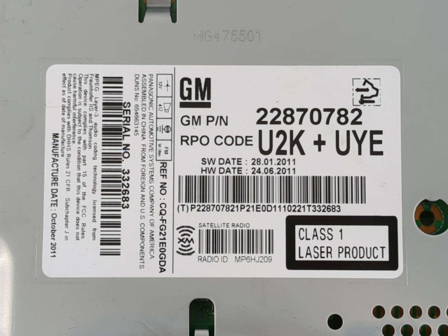 2011-2012 Buick Lacrosse Radio AM FM Cd Player Receiver Replacement P/N:22870782 Fits Fits 2010 2011 2012 OEM Used Auto Part