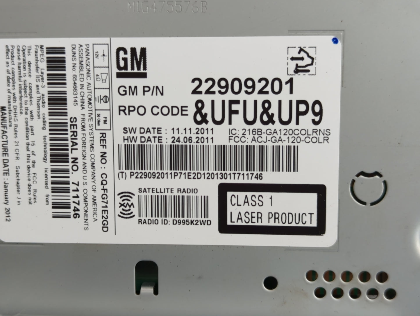 2012 Buick Lacrosse Radio AM FM Cd Player Receiver Replacement P/N:22909201 Fits OEM Used Auto Parts - Oemusedautoparts1.com