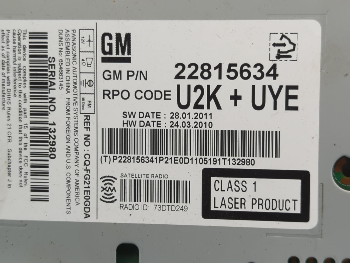 2012 Buick Lacrosse Radio AM FM Cd Player Receiver Replacement P/N:22815634 CQ-FG21E0GDA Fits OEM Used Auto Parts - Oemuseda