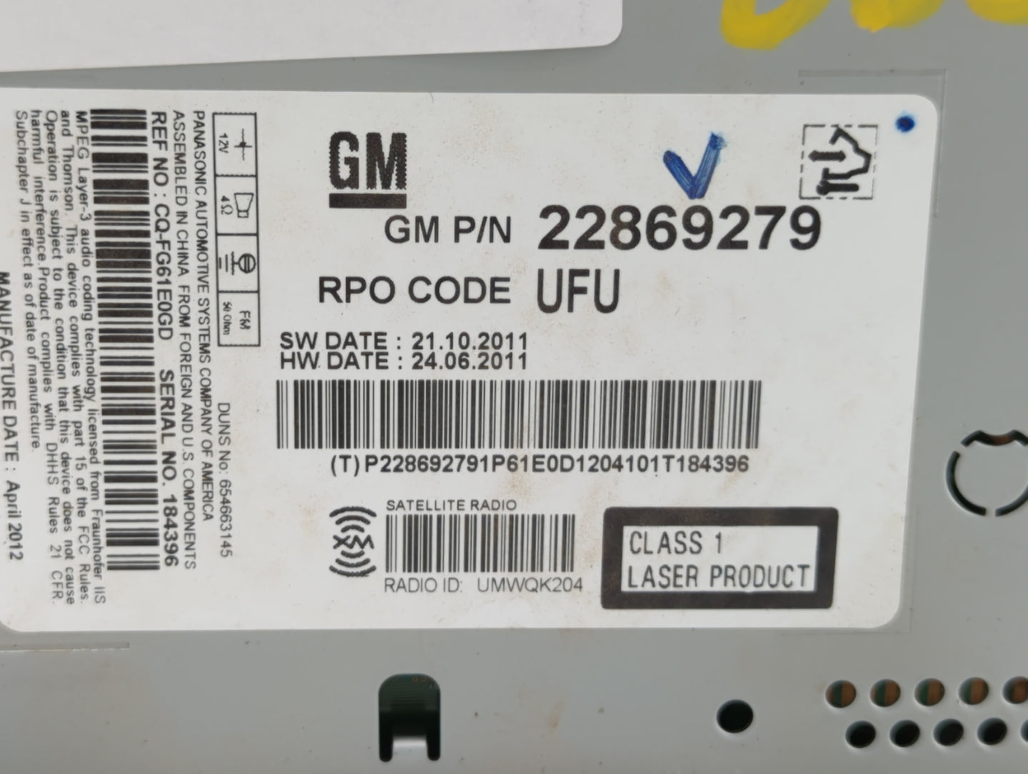 2012 Buick Lacrosse Radio AM FM Cd Player Receiver Replacement P/N:22869279 Fits OEM Used Auto Parts - Oemusedautoparts1.com