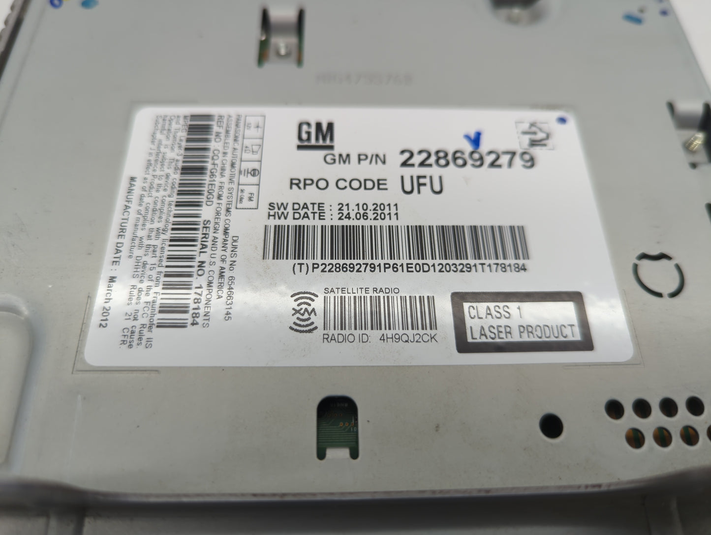 2012 Buick Lacrosse Radio AM FM Cd Player Receiver Replacement P/N:22869279 Fits OEM Used Auto Parts - Oemusedautoparts1.com