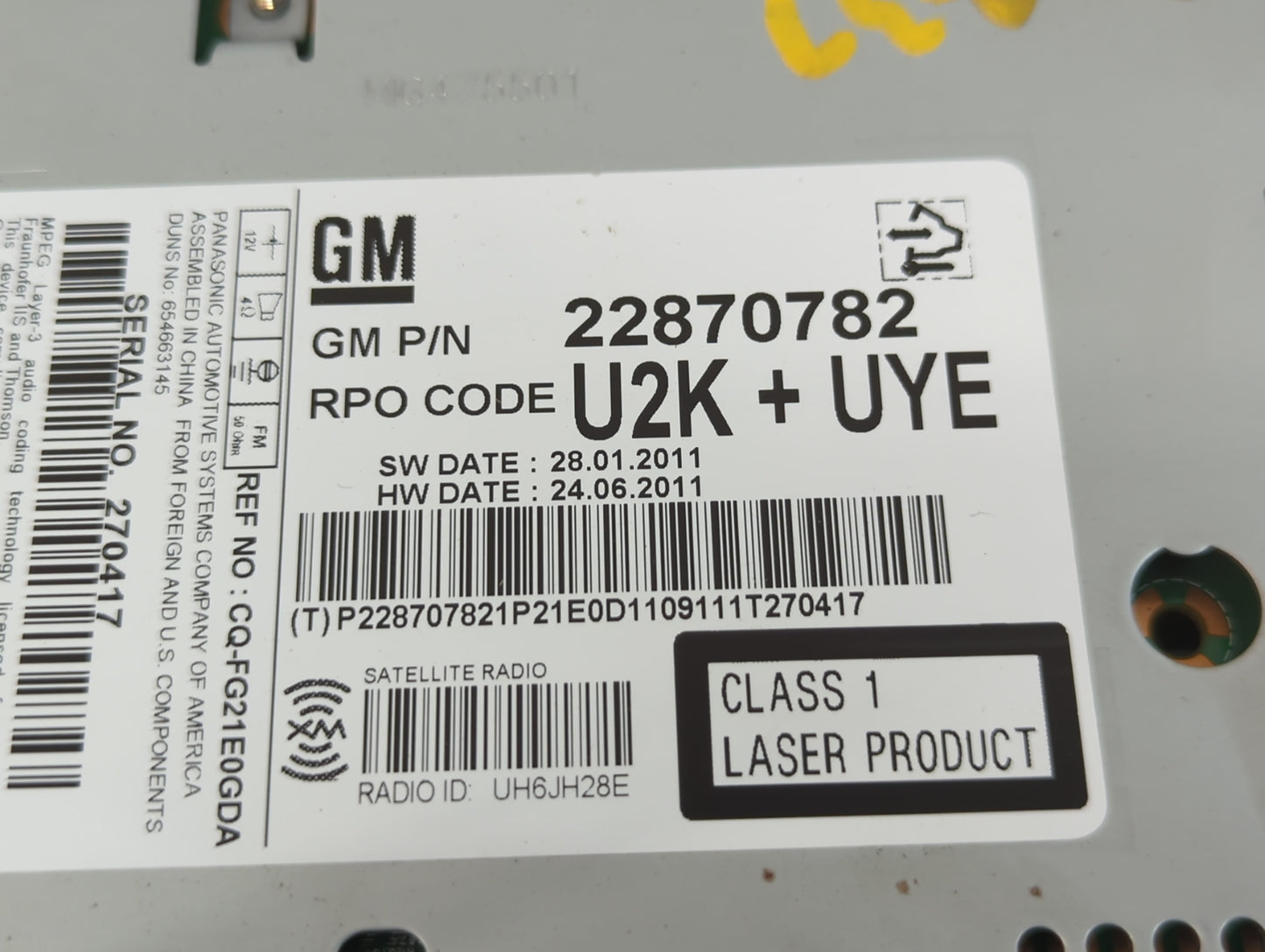2011-2012 Buick Lacrosse Radio AM FM Cd Player Receiver Replacement P/N:22870782 Fits Fits 2010 2011 2012 OEM Used Auto Part