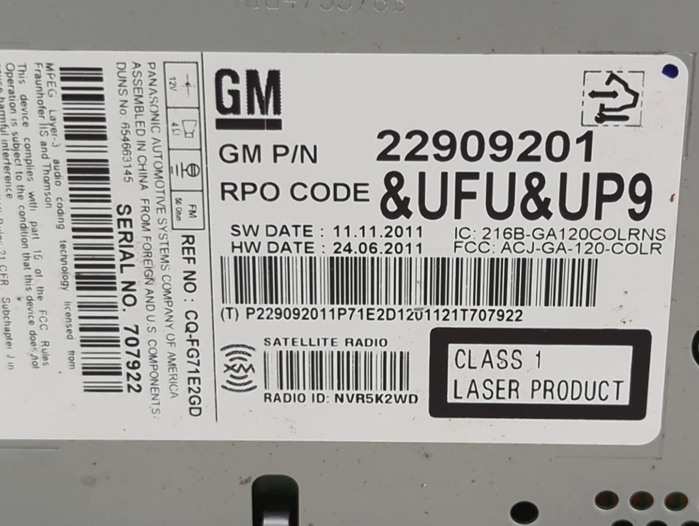 2012 Buick Regal Radio AM FM Cd Player Receiver Replacement P/N:22909201 CQ-FG71E2GD, 216B-GA120COLRNS, ACJ-GA-120-COLR Fits