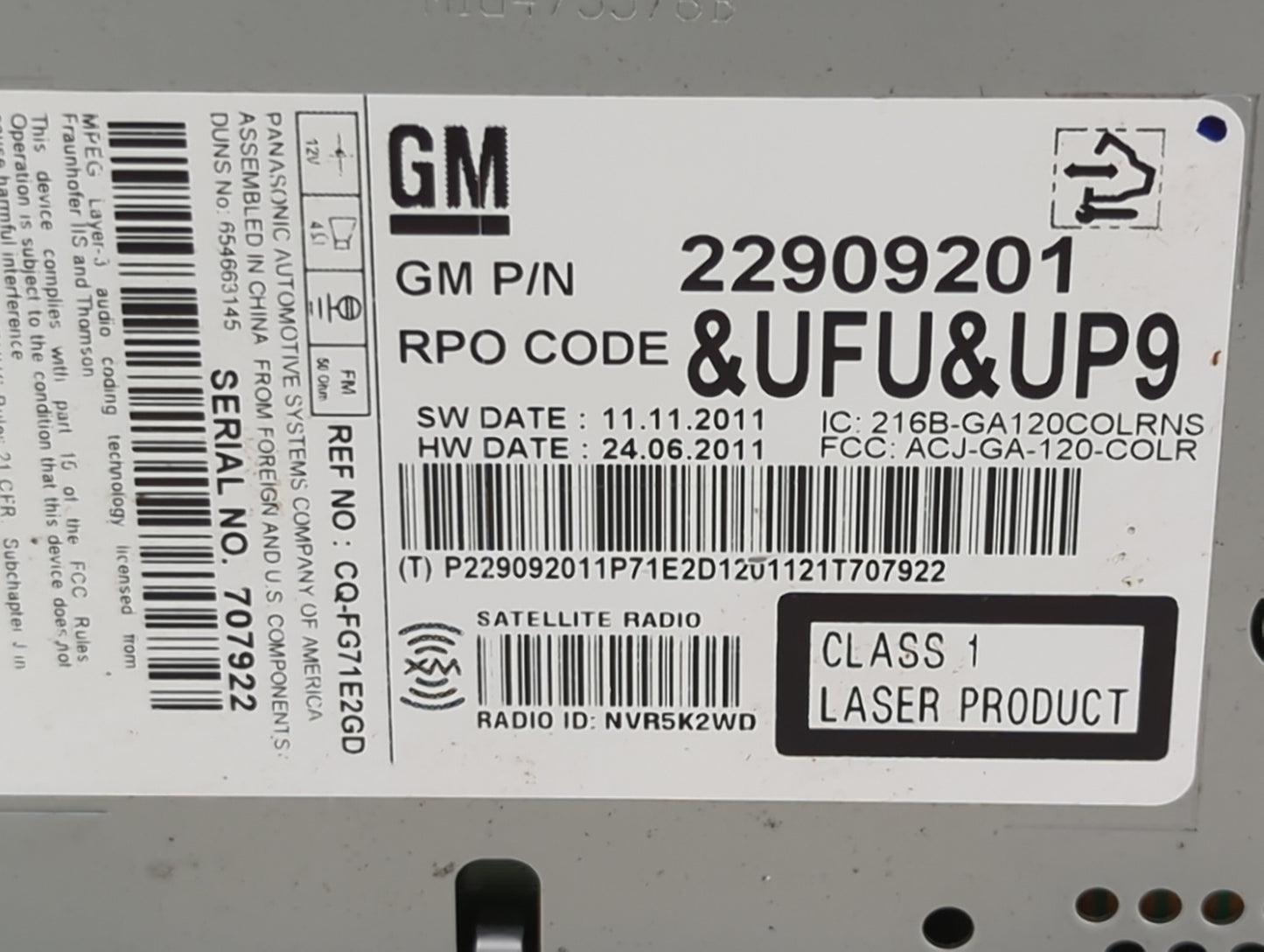 2012 Buick Regal Radio AM FM Cd Player Receiver Replacement P/N:22909201 CQ-FG71E2GD, 216B-GA120COLRNS, ACJ-GA-120-COLR Fits