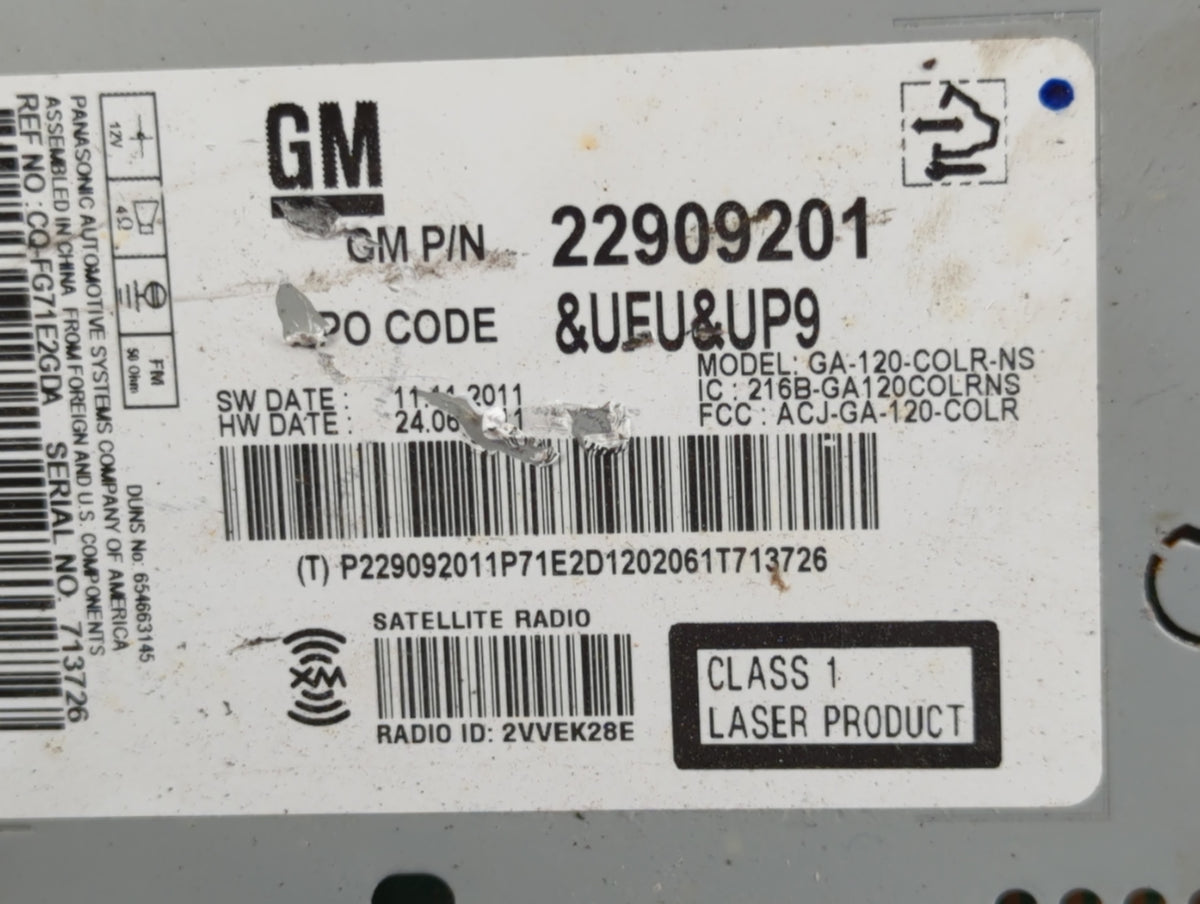 2012 Buick Verano Radio AM FM Cd Player Receiver Replacement P/N:22909201 OEM Used Auto Parts - Oemusedautoparts1.com