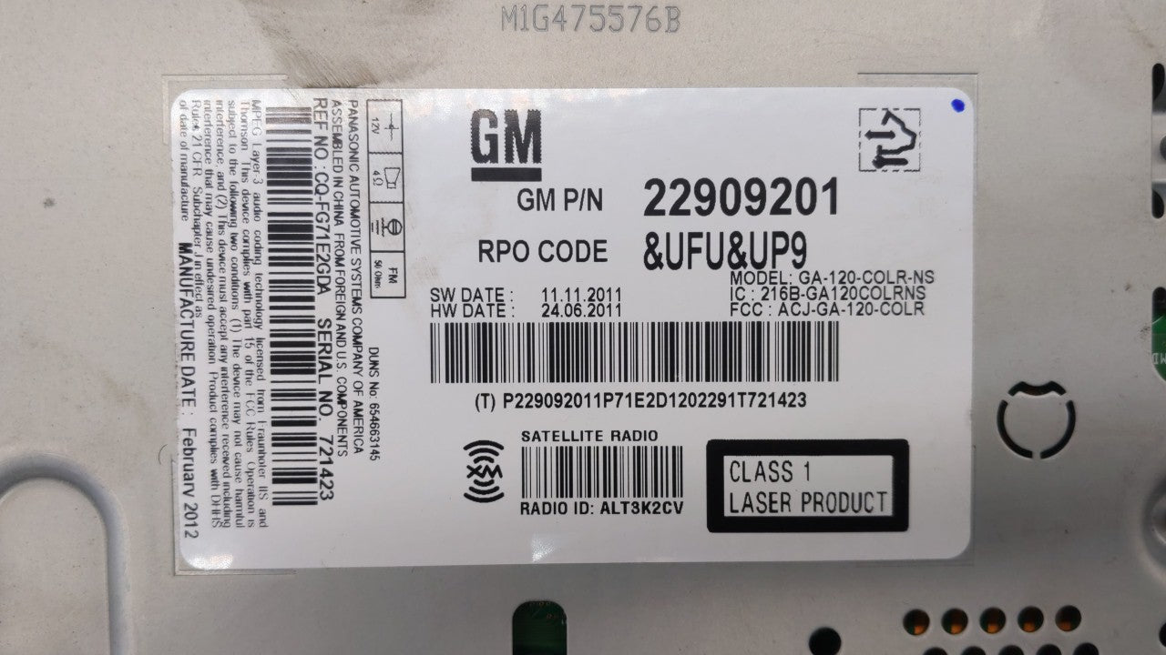 2012 Buick Verano Radio AM FM Cd Player Receiver Replacement P/N:22924957 22909201 Fits OEM Used Auto Parts - Oemusedautopar