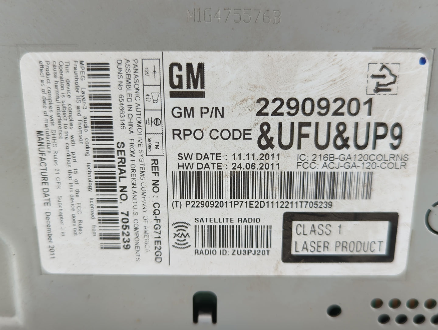 2012 Buick Verano Radio AM FM Cd Player Receiver Replacement P/N:22909201 Fits OEM Used Auto Parts - Oemusedautoparts1.com