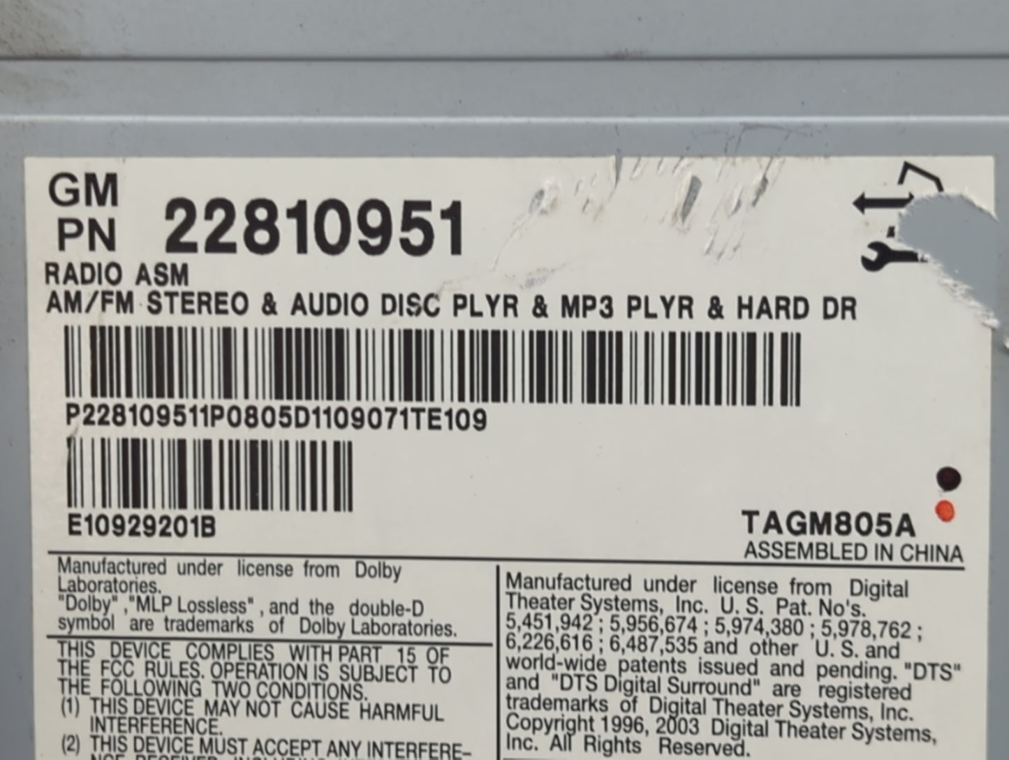 2009-2013 Cadillac Cts Radio AM FM Cd Player Receiver Replacement P/N:22810951 LHZ281R9AV Fits Fits 2009 2010 2011 2012 2013