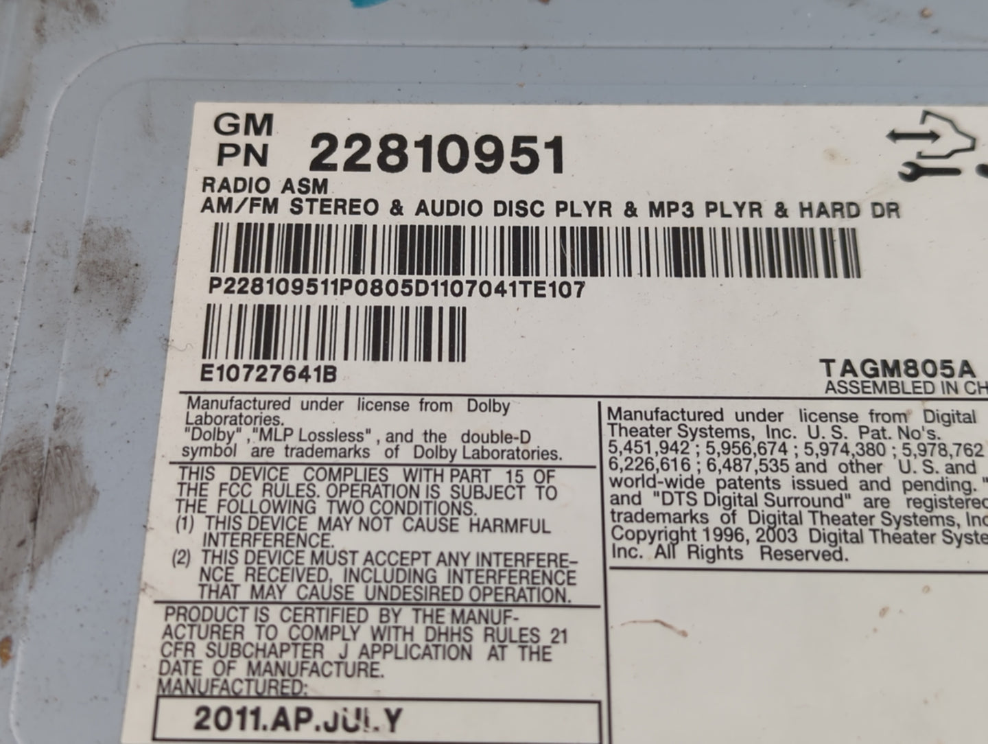 2008-2014 Cadillac Cts Radio AM FM Cd Player Receiver Replacement P/N:20763583 25932098 Fits OEM Used Auto Parts - Oemusedau