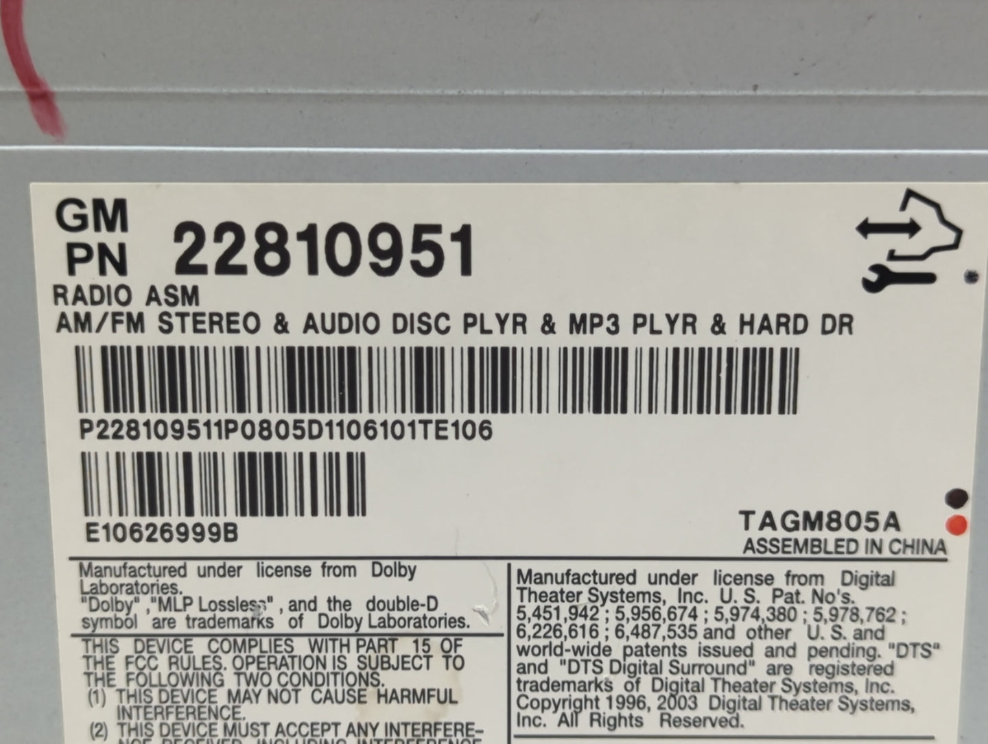 2008-2014 Cadillac Cts Radio AM FM Cd Player Receiver Replacement P/N:22810951 20988320 Fits OEM Used Auto Parts - Oemusedau