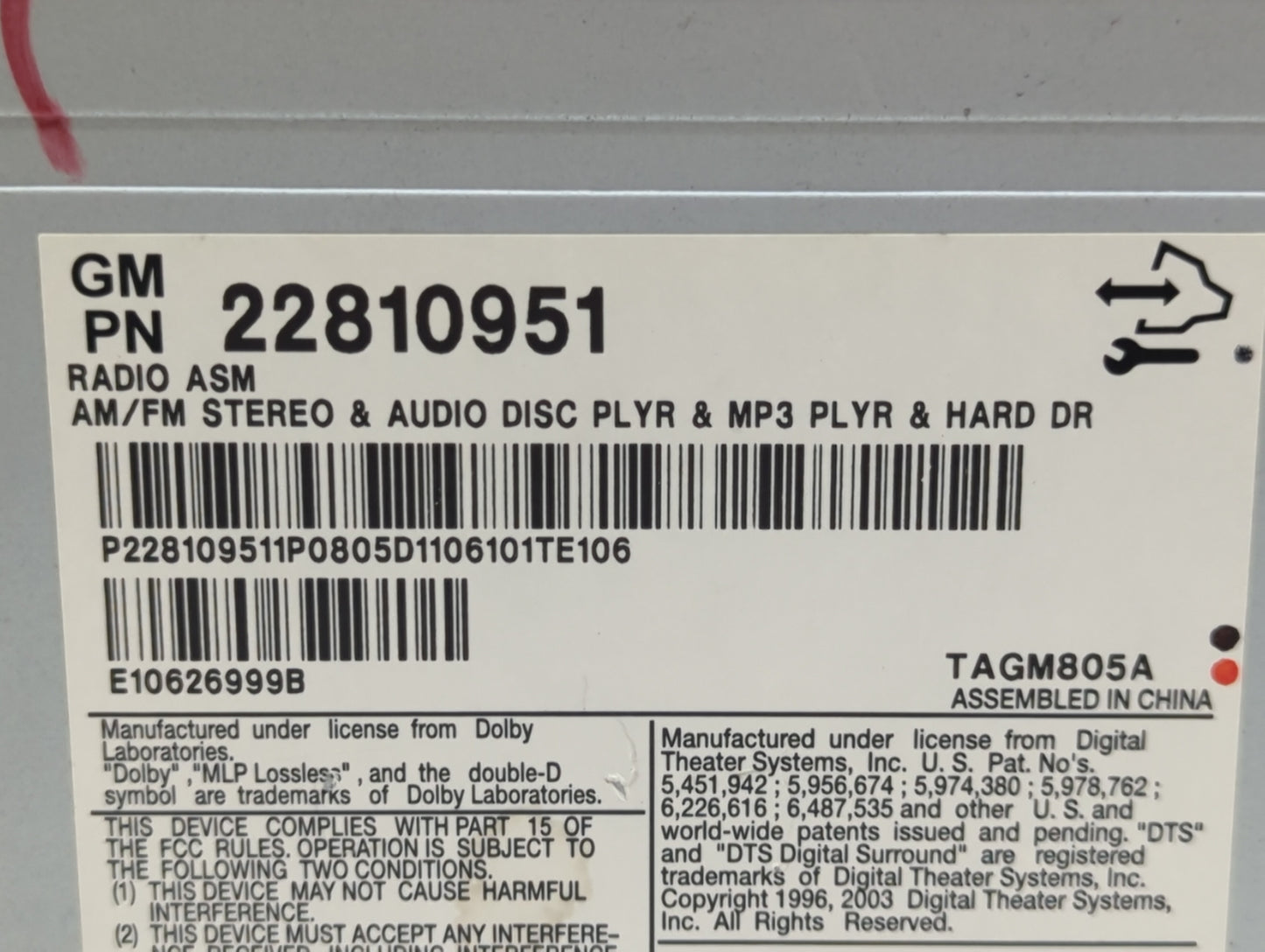 2008-2014 Cadillac Cts Radio AM FM Cd Player Receiver Replacement P/N:22810951 20988320 Fits OEM Used Auto Parts - Oemusedau