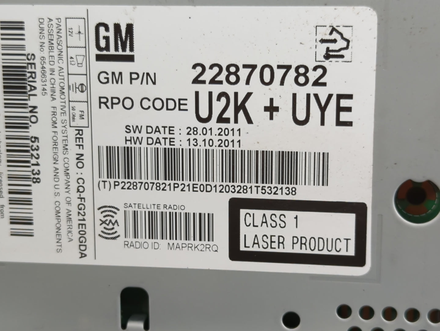 2011-2012 Chevrolet Cruze Radio AM FM Cd Player Receiver Replacement P/N:22870782 Fits Fits 2010 2011 2012 OEM Used Auto Par