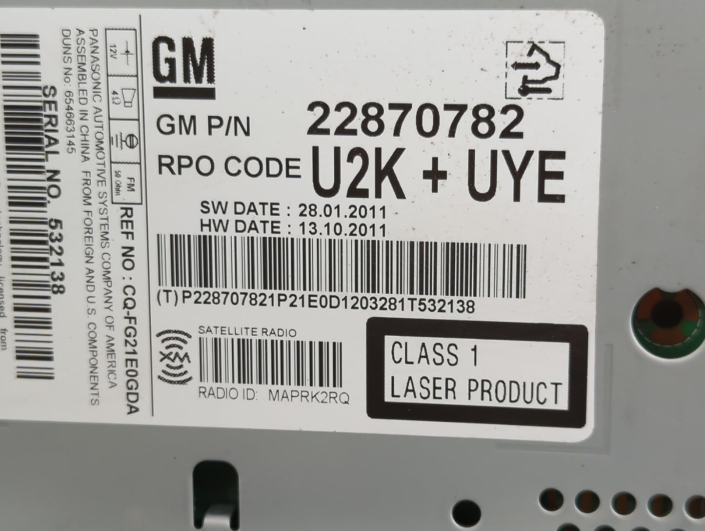 2011-2012 Chevrolet Cruze Radio AM FM Cd Player Receiver Replacement P/N:22870782 Fits Fits 2010 2011 2012 OEM Used Auto Par