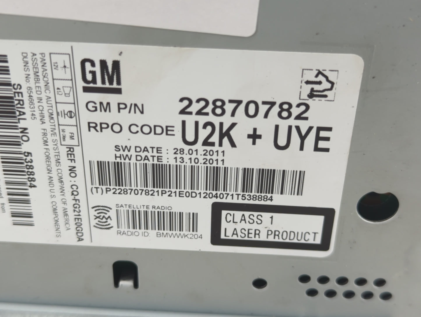 2011-2012 Chevrolet Cruze Radio AM FM Cd Player Receiver Replacement P/N:22870782 Fits Fits 2010 2011 2012 OEM Used Auto Par