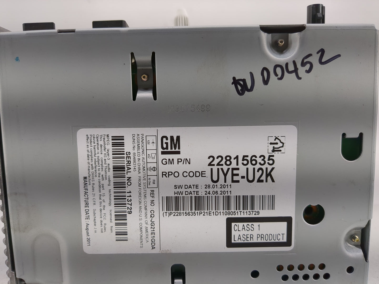 2012 Chevrolet Cruze Radio AM FM Cd Player Receiver Replacement P/N:22815635 Fits OEM Used Auto Parts - Oemusedautoparts1.co