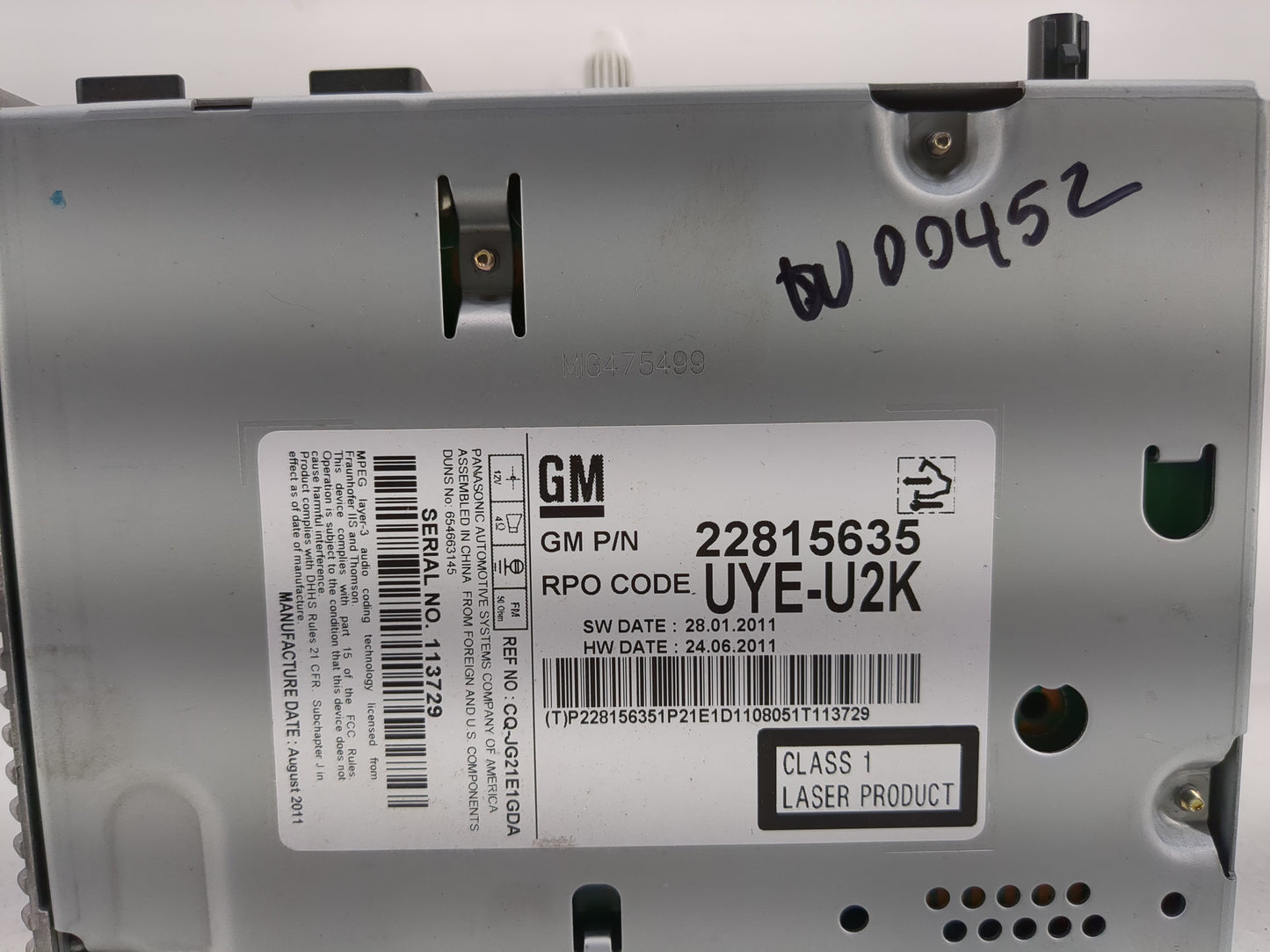 2012 Chevrolet Cruze Radio AM FM Cd Player Receiver Replacement P/N:22815635 Fits OEM Used Auto Parts - Oemusedautoparts1.co