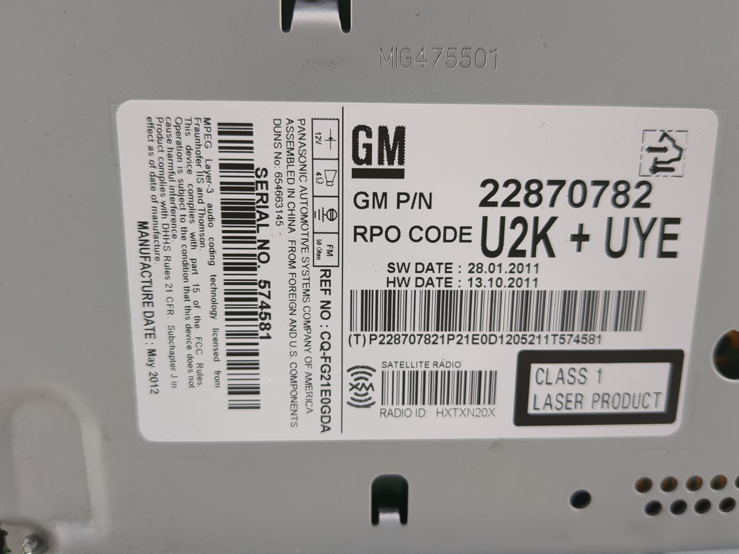 2011-2012 Chevrolet Cruze Radio AM FM Cd Player Receiver Replacement P/N:22870782 CQ-FG21E0GDA Fits Fits 2010 2011 2012 OEM 