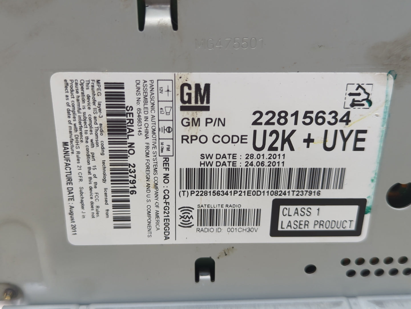2012 Chevrolet Cruze Radio AM FM Cd Player Receiver Replacement P/N:22815634 CQ-FG21E0GDA Fits OEM Used Auto Parts - Oemused