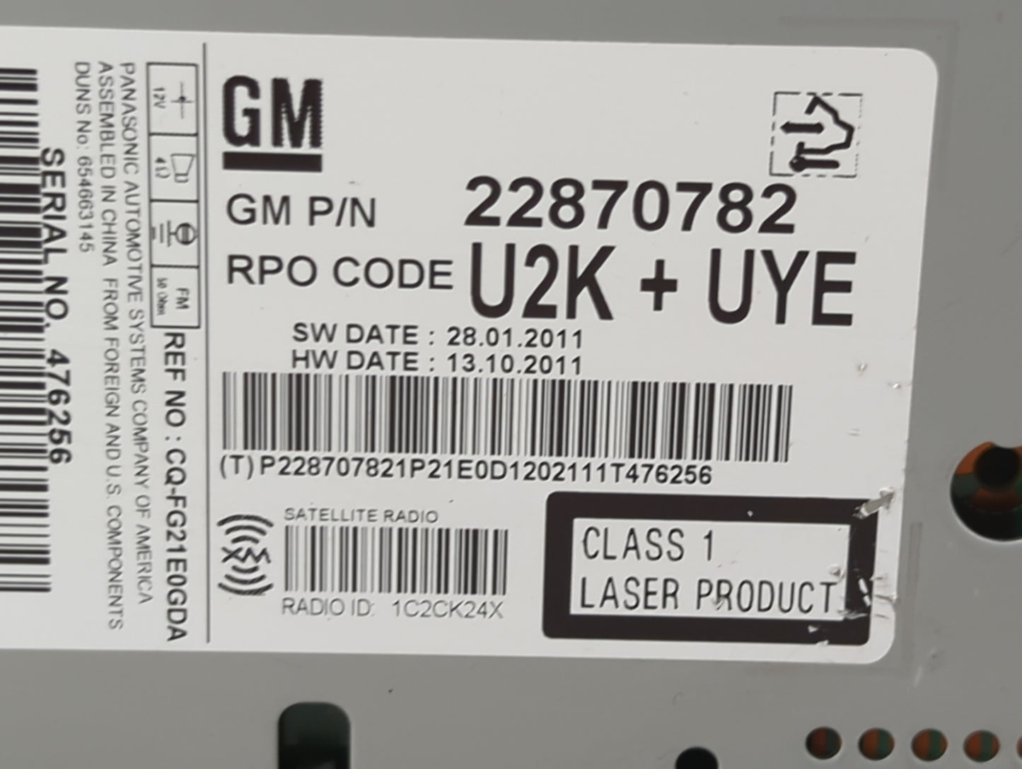 2011-2012 Chevrolet Cruze Radio AM FM Cd Player Receiver Replacement P/N:22870782 CQ-FG21E0GDA Fits Fits 2010 2011 2012 OEM 