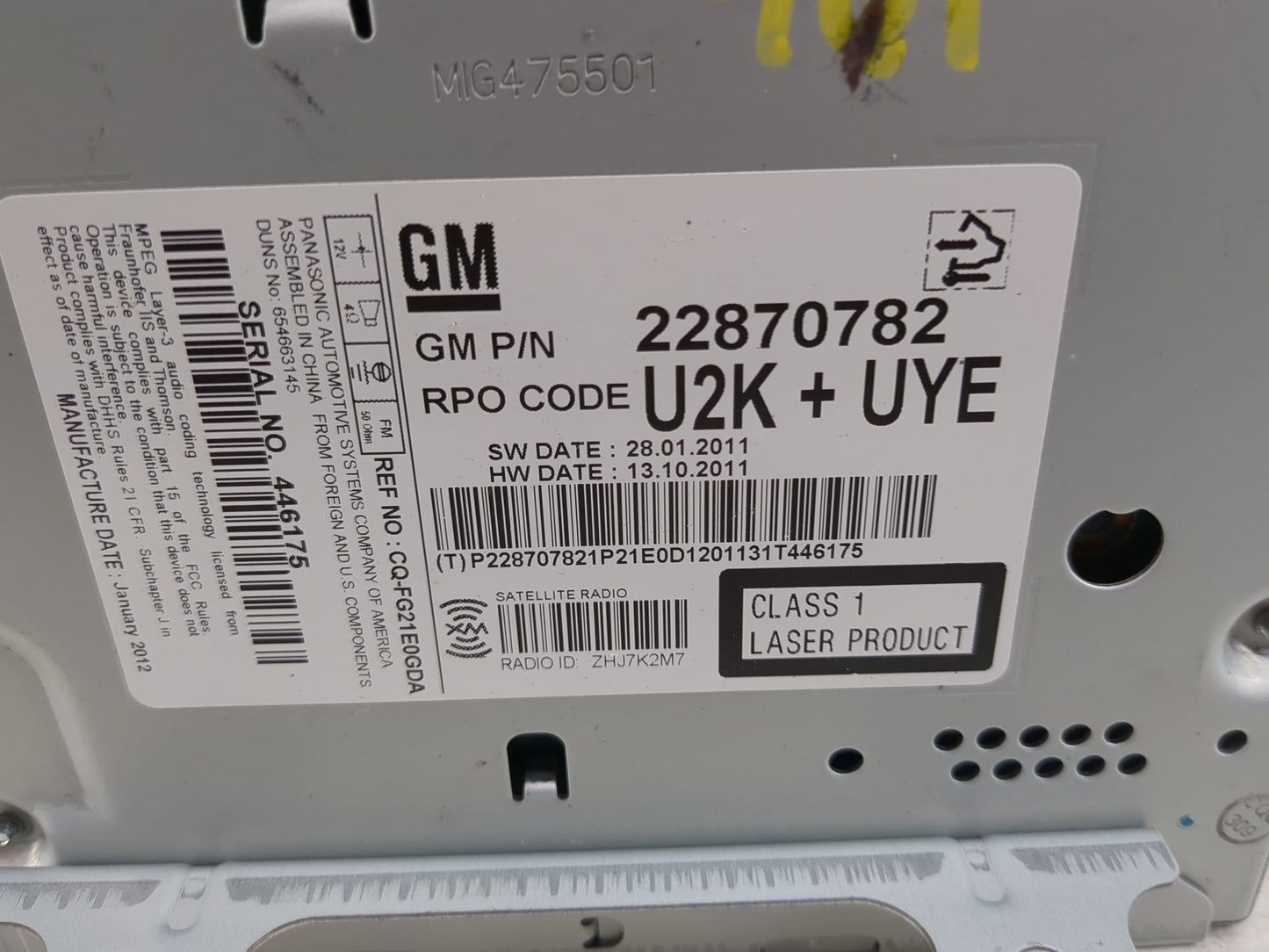 2012 Chevrolet Cruze Radio AM FM Cd Player Receiver Replacement P/N:22870782 CQ-FG21E0GDA Fits OEM Used Auto Parts - Oemused