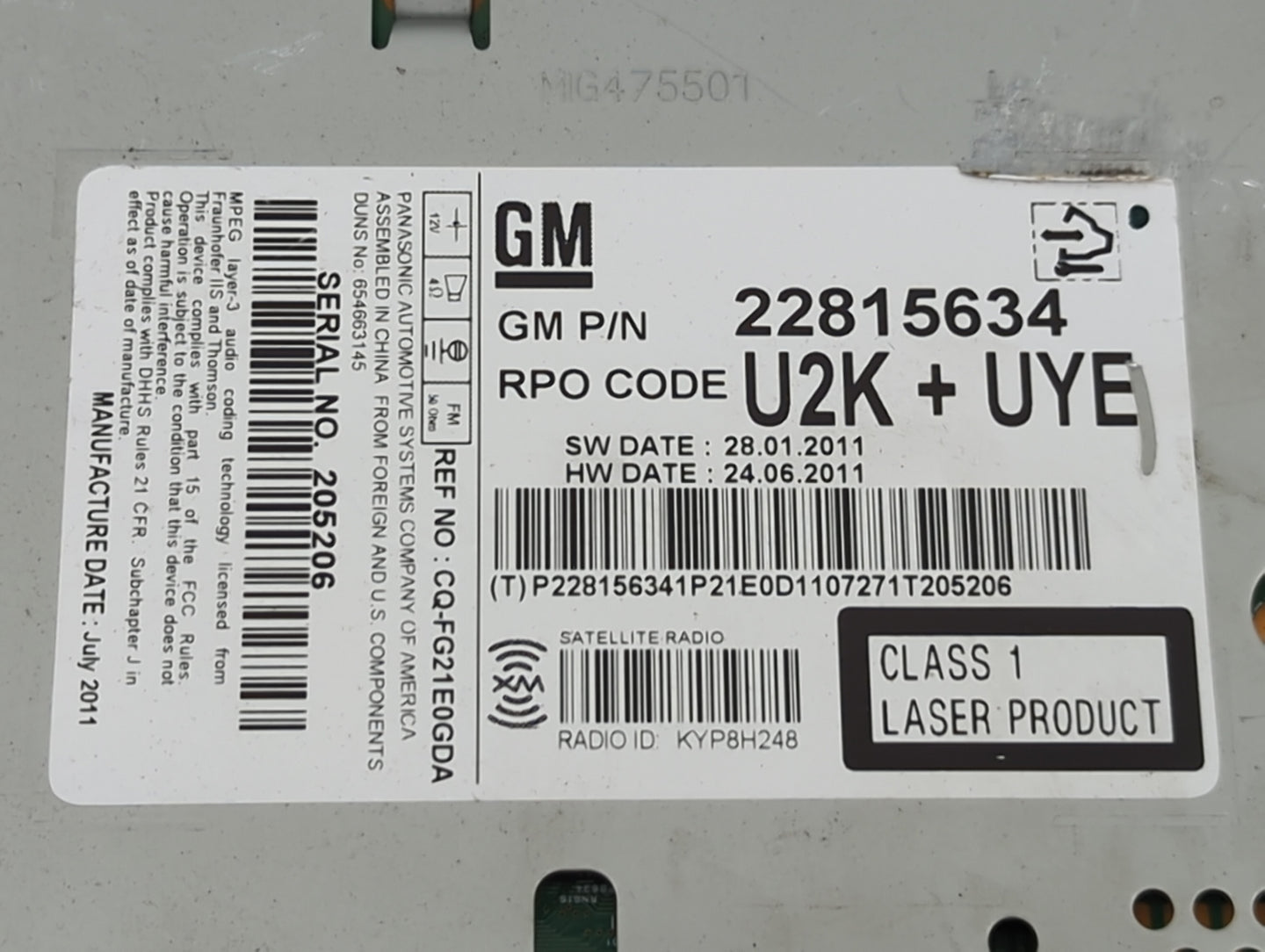 2012 Chevrolet Cruze Radio AM FM Cd Player Receiver Replacement P/N:22815634 CQ-FG21E0GDA Fits OEM Used Auto Parts - Oemused