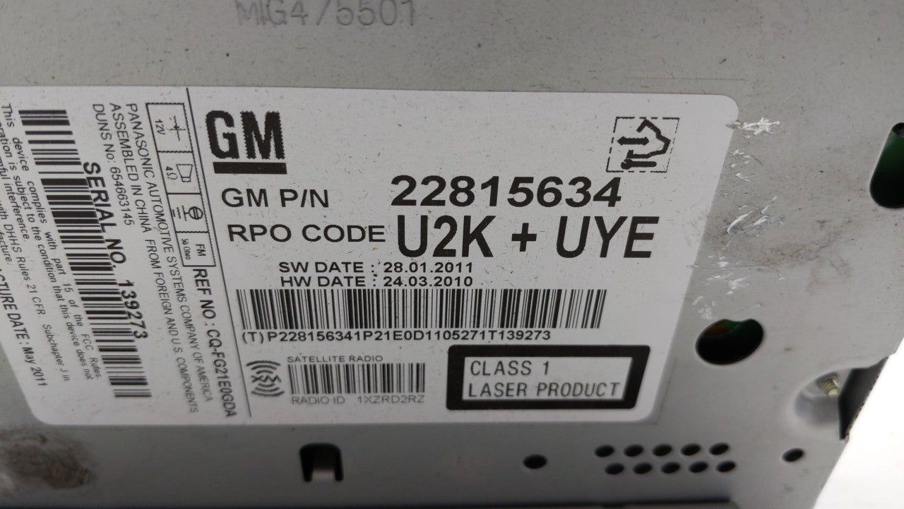 2012 Chevrolet Cruze Radio AM FM Cd Player Receiver Replacement P/N:95914367 22870782, 22815634 Fits OEM Used Auto Parts - O