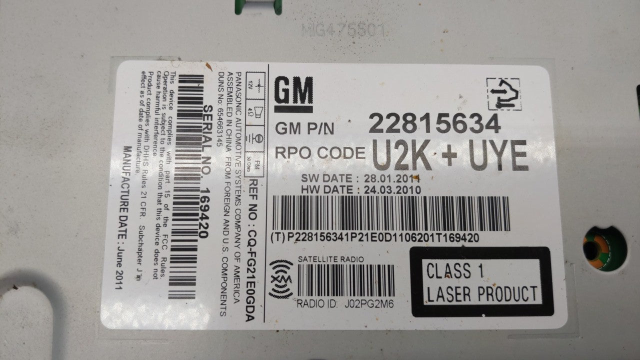 2012 Chevrolet Cruze Radio AM FM Cd Player Receiver Replacement P/N:95914367 22870782, 22815634 Fits OEM Used Auto Parts - O