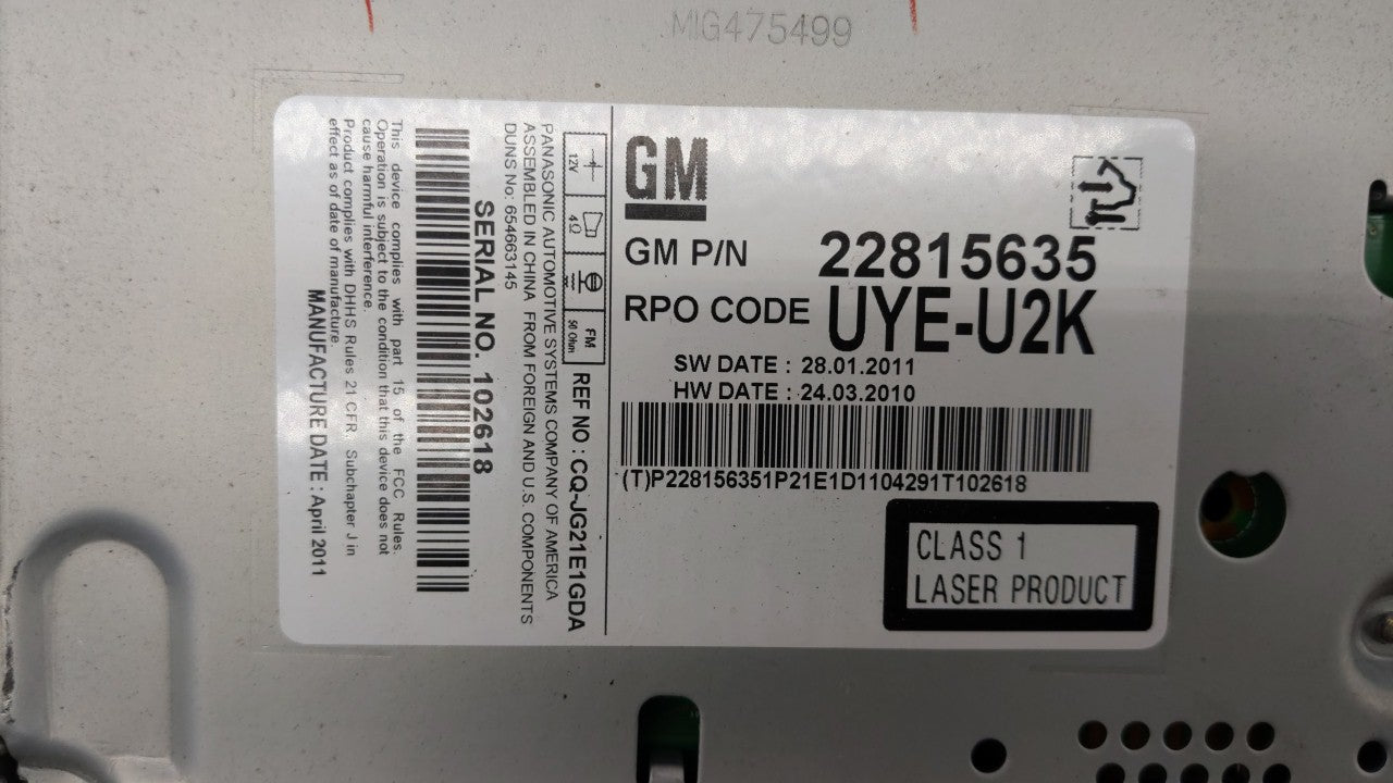 2012 Chevrolet Cruze Radio AM FM Cd Player Receiver Replacement P/N:22815635 Fits OEM Used Auto Parts - Oemusedautoparts1.co