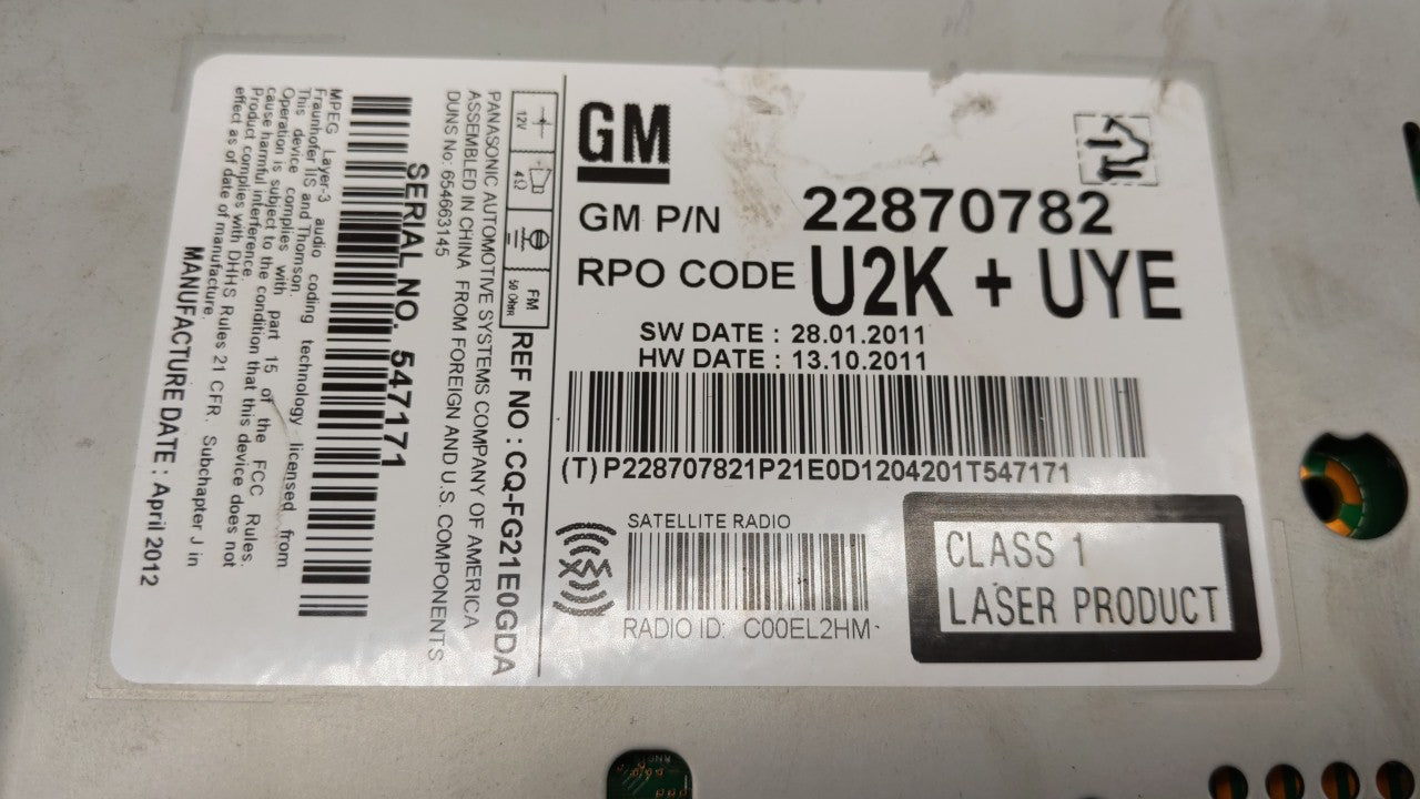 2011-2012 Chevrolet Cruze Am Fm Cd Player Radio Receiver - Oemusedautoparts1.com