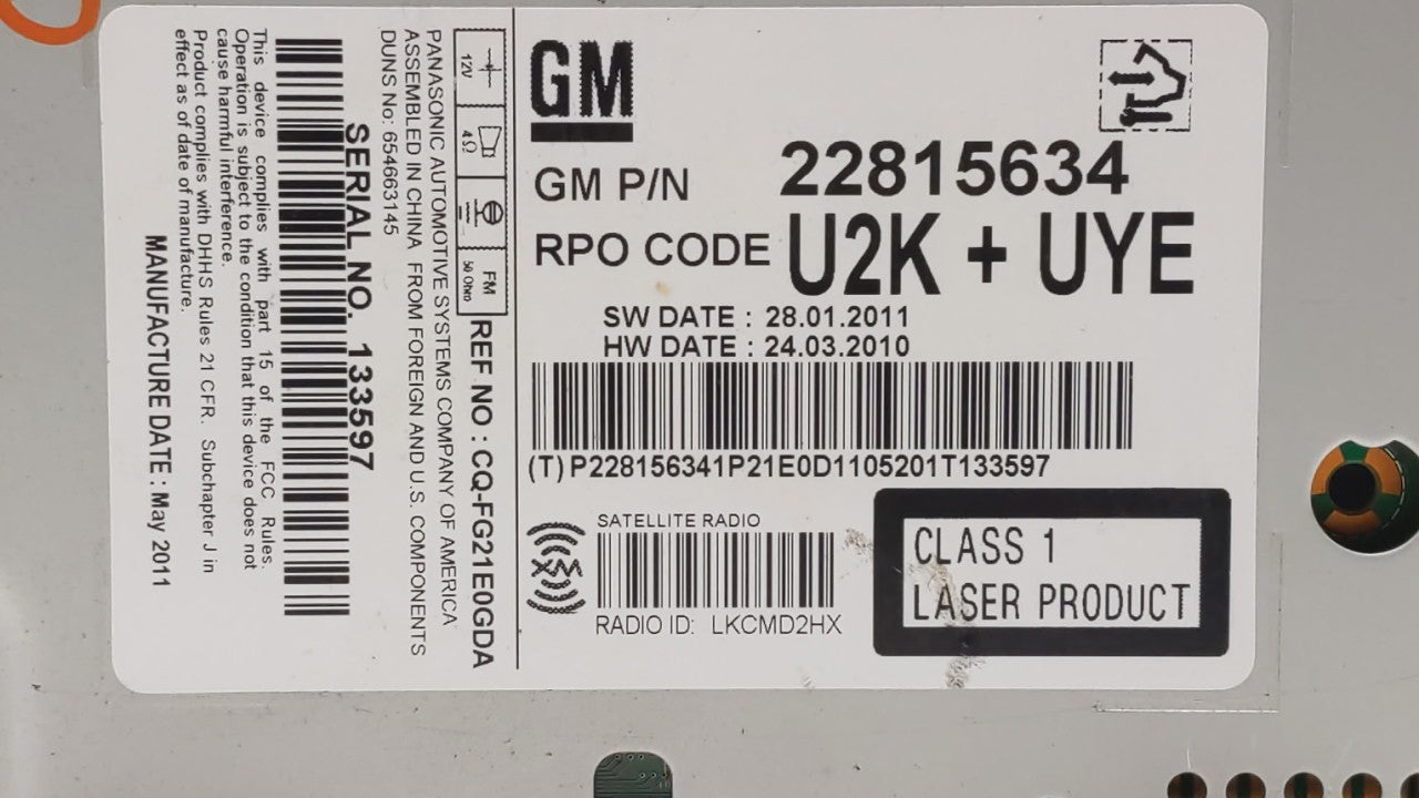 2012 Chevrolet Cruze Radio AM FM Cd Player Receiver Replacement P/N:95914367 22870782, 22815634 Fits OEM Used Auto Parts - O
