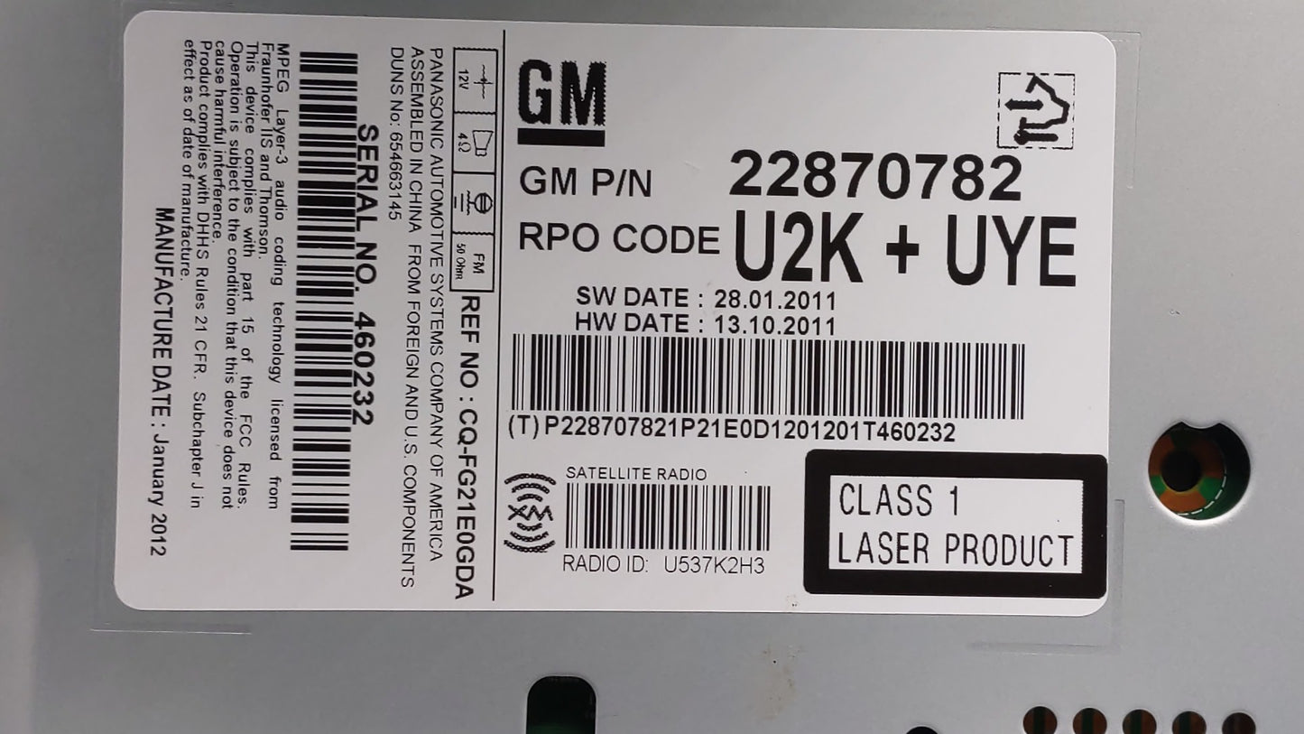 2011-2012 Chevrolet Cruze Radio AM FM Cd Player Receiver Replacement P/N:20983517 20907419, 22870782 Fits Fits 2010 2011 201