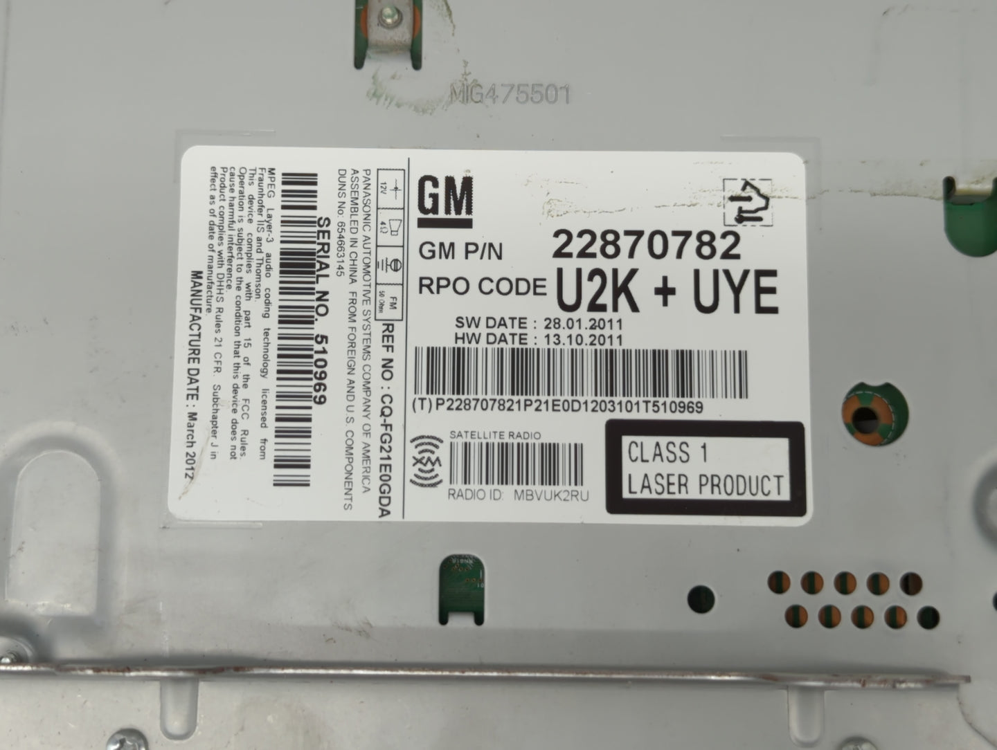 2011-2012 Chevrolet Cruze Radio AM FM Cd Player Receiver Replacement P/N:22870782 Fits Fits 2010 2011 2012 OEM Used Auto Par