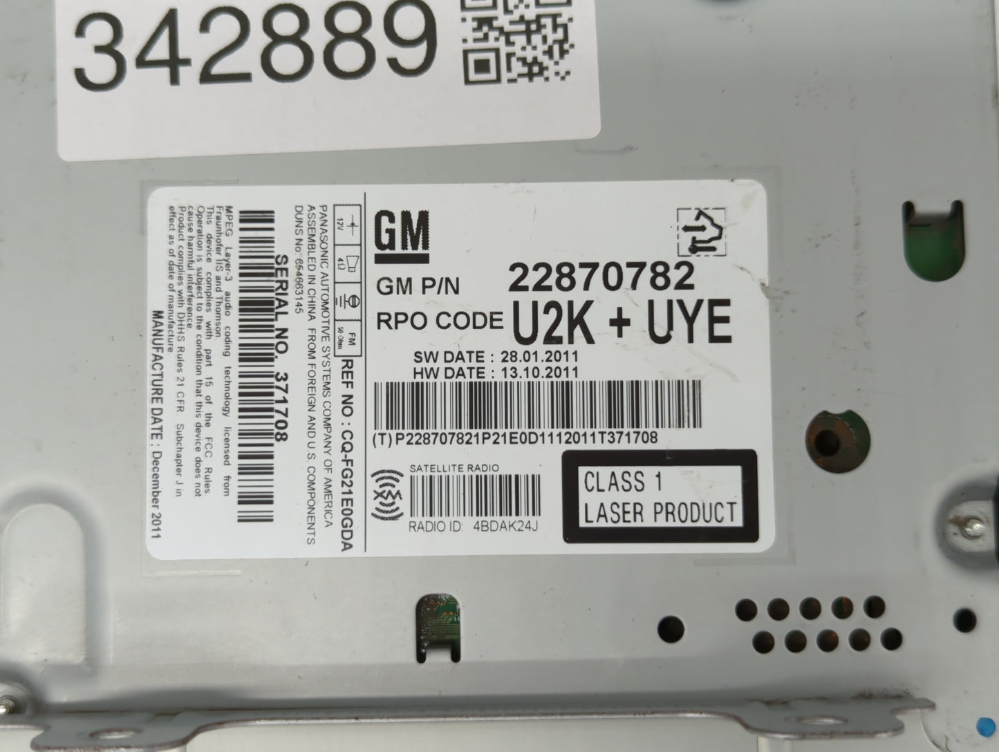 2012 Chevrolet Cruze Radio AM FM Cd Player Receiver Replacement P/N:22870782 Fits OEM Used Auto Parts - Oemusedautoparts1.co