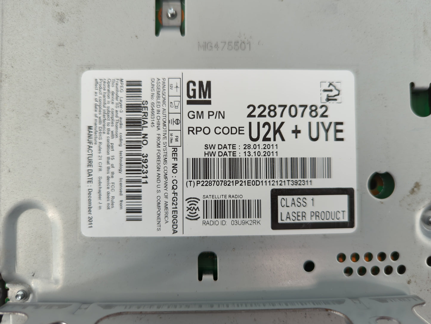 2012 Chevrolet Cruze Radio AM FM Cd Player Receiver Replacement P/N:22870782 22815634 Fits OEM Used Auto Parts - Oemusedauto