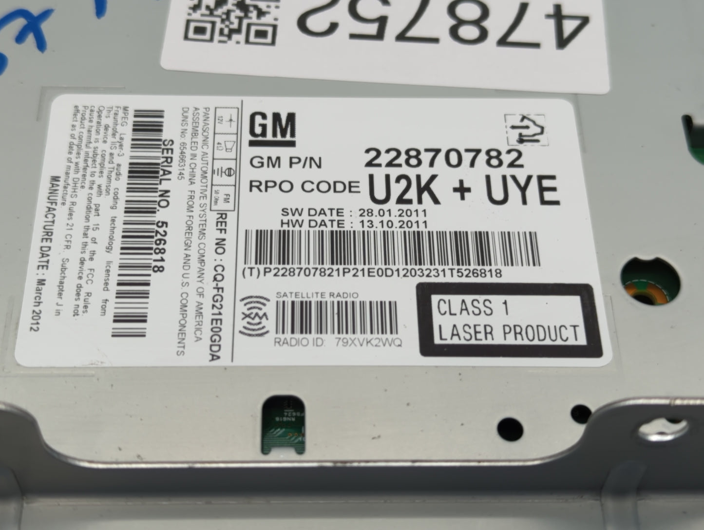 2011-2012 Chevrolet Cruze Radio AM FM Cd Player Receiver Replacement P/N:20983517 22870782, 95914367 Fits Fits 2010 2011 201