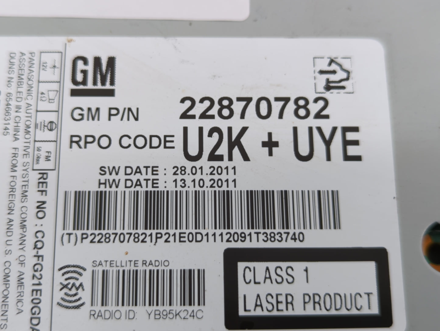 2011-2012 Chevrolet Cruze Radio AM FM Cd Player Receiver Replacement P/N:22870782 Fits Fits 2010 2011 2012 OEM Used Auto Par