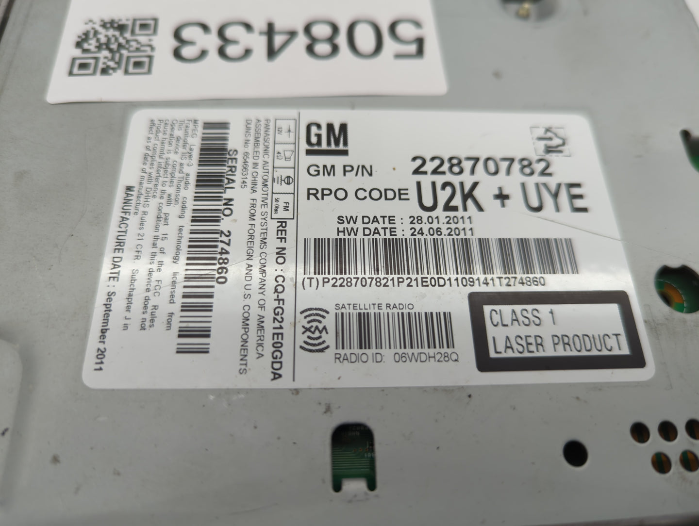 2011-2012 Chevrolet Cruze Radio AM FM Cd Player Receiver Replacement P/N:22870782 Fits Fits 2010 2011 2012 OEM Used Auto Par