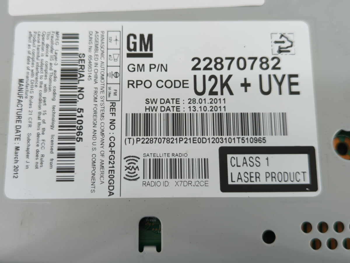 2011-2012 Chevrolet Cruze Am Fm Cd Player Radio Receiver 522627 - Oemusedautoparts1.com