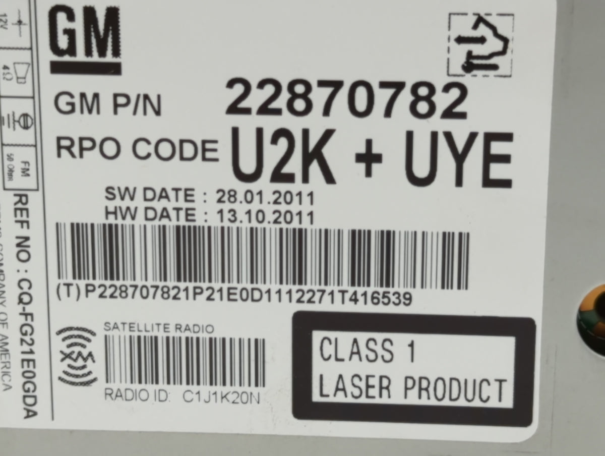 2012 Chevrolet Cruze Radio AM FM Cd Player Receiver Replacement P/N:22870782 Fits OEM Used Auto Parts - Oemusedautoparts1.co