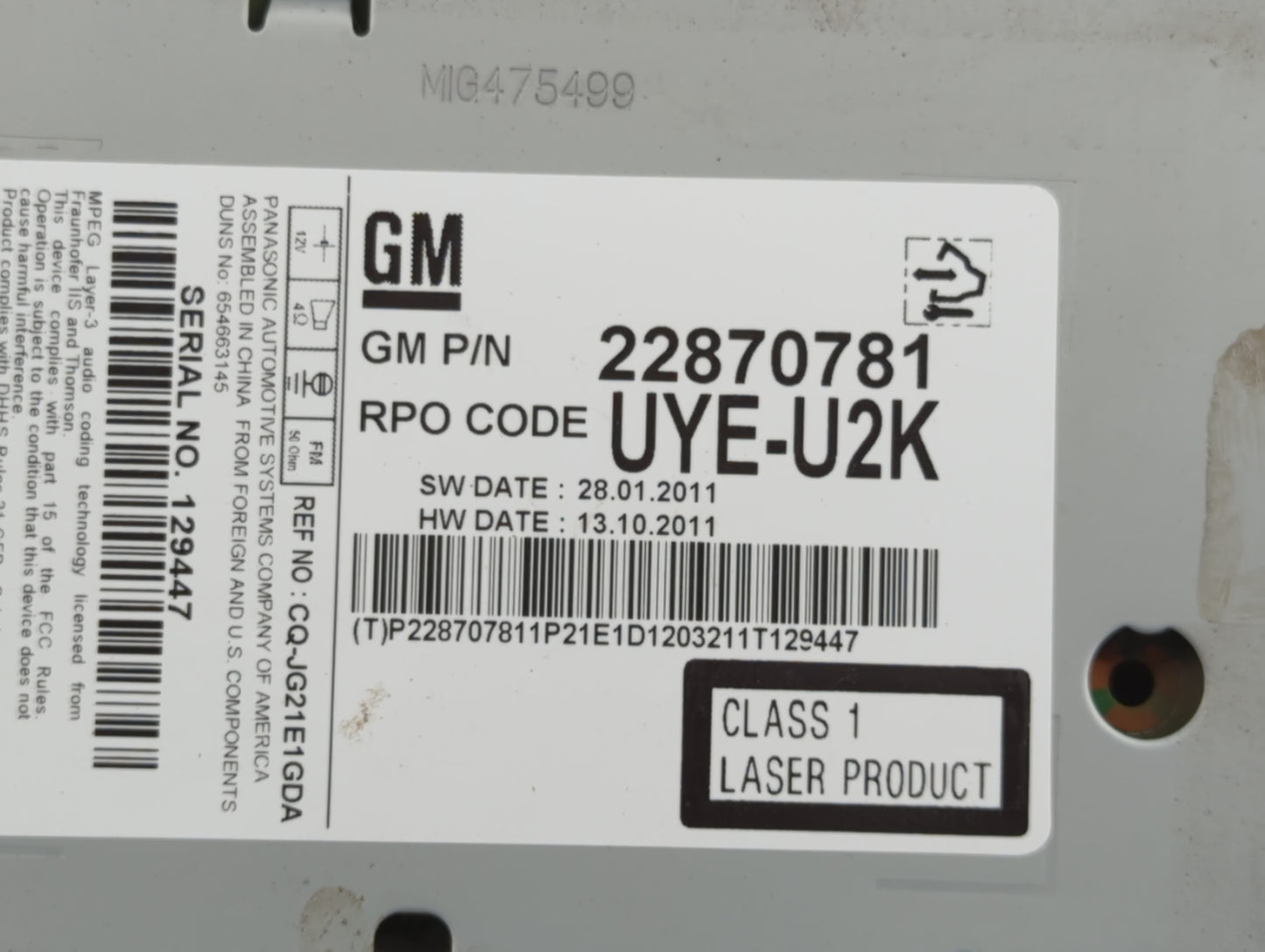 2011-2012 Chevrolet Cruze Radio AM FM Cd Player Receiver Replacement P/N:22870781 Fits Fits 2010 2011 2012 OEM Used Auto Par