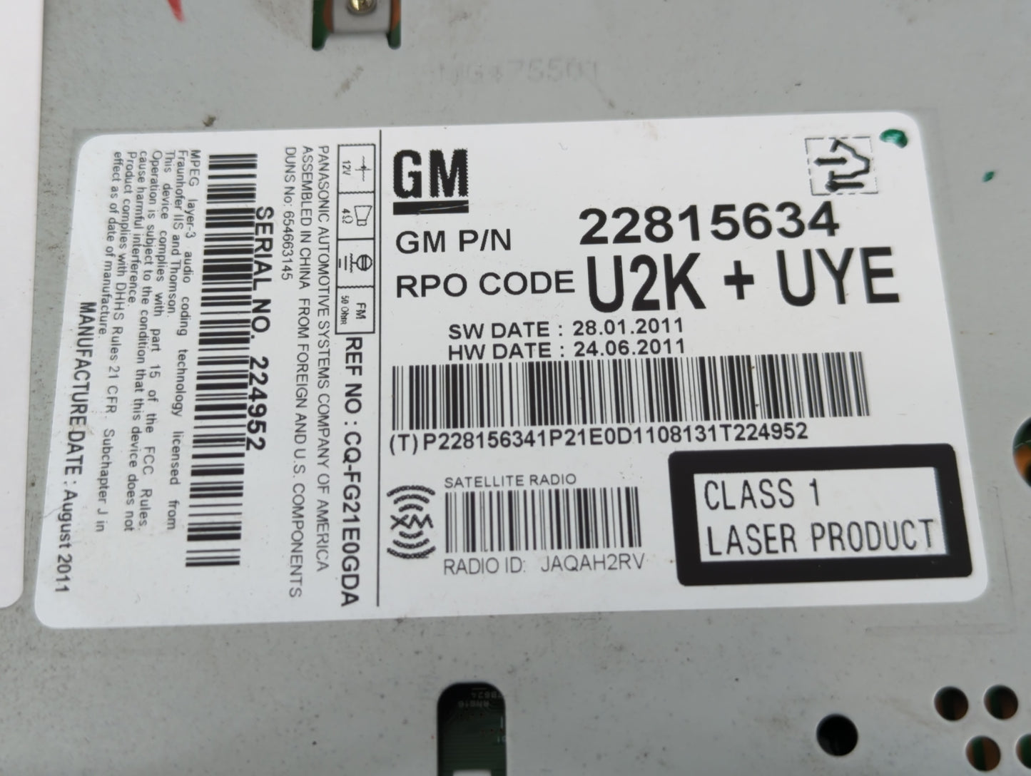 2012-2012 Chevrolet Cruze Am Fm Cd Player Radio Receiver - Oemusedautoparts1.com