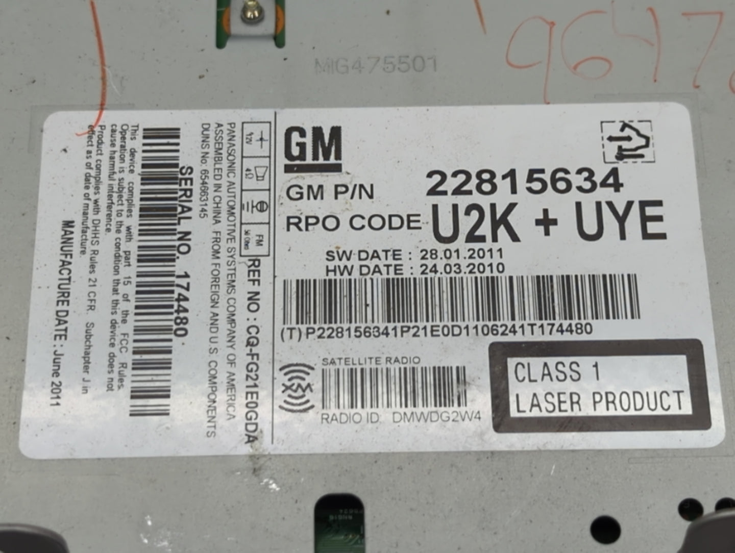 2012 Chevrolet Cruze Radio AM FM Cd Player Receiver Replacement P/N:22815634 Fits OEM Used Auto Parts - Oemusedautoparts1.co