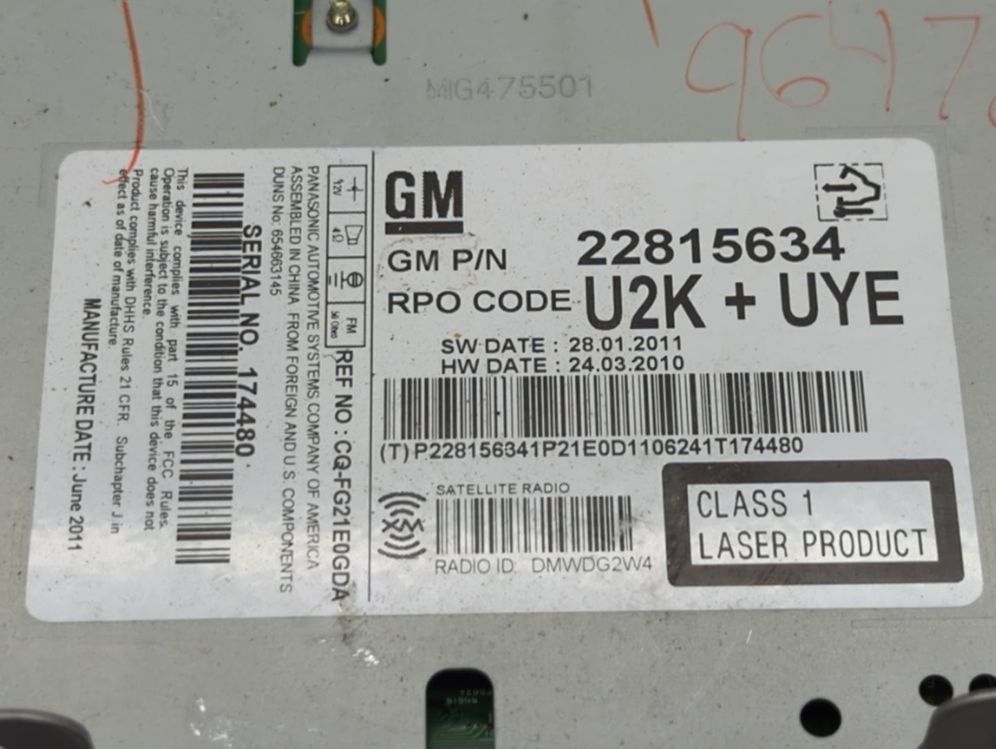 2012 Chevrolet Cruze Radio AM FM Cd Player Receiver Replacement P/N:22815634 Fits OEM Used Auto Parts - Oemusedautoparts1.co