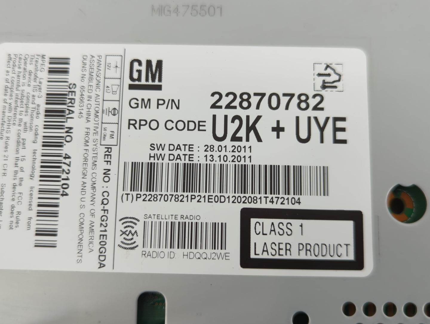 2011-2012 Chevrolet Cruze Am Fm Cd Player Radio Receiver - Oemusedautoparts1.com
