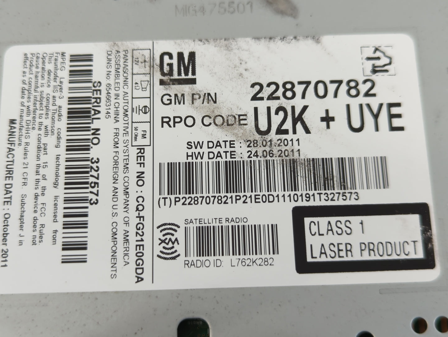 2011-2012 Chevrolet Cruze Radio AM FM Cd Player Receiver Replacement P/N:22870782 Fits Fits 2010 2011 2012 OEM Used Auto Par