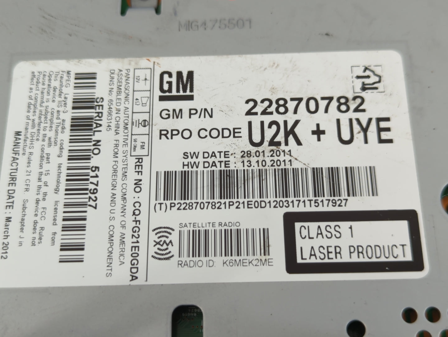2011-2012 Chevrolet Cruze Radio AM FM Cd Player Receiver Replacement P/N:22870782 Fits Fits 2010 2011 2012 OEM Used Auto Par