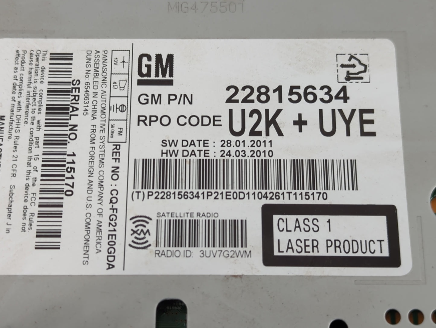 2012 Chevrolet Cruze Radio AM FM Cd Player Receiver Replacement P/N:22815634 Fits OEM Used Auto Parts - Oemusedautoparts1.co